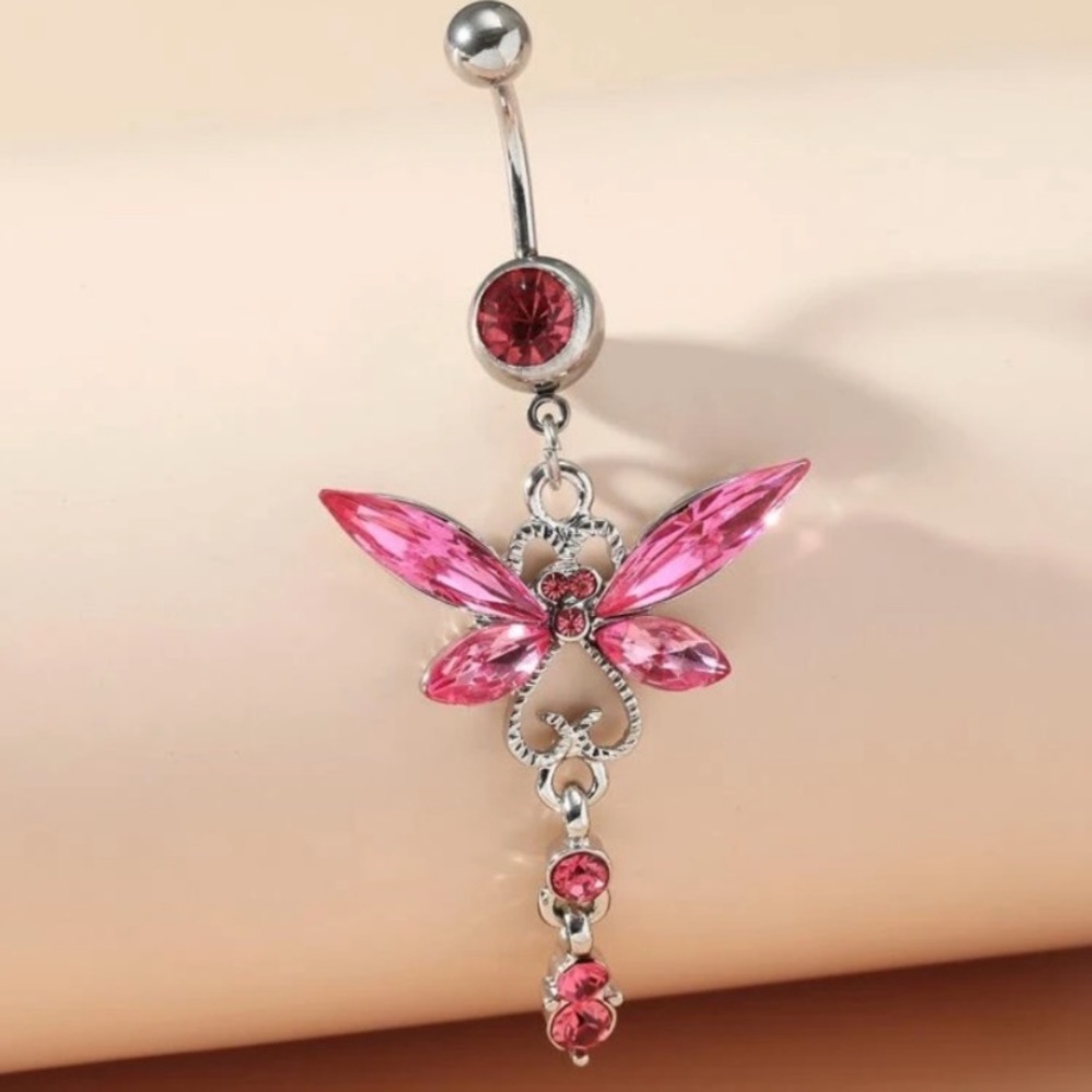 Rhinestone butterfly pendant belly ring